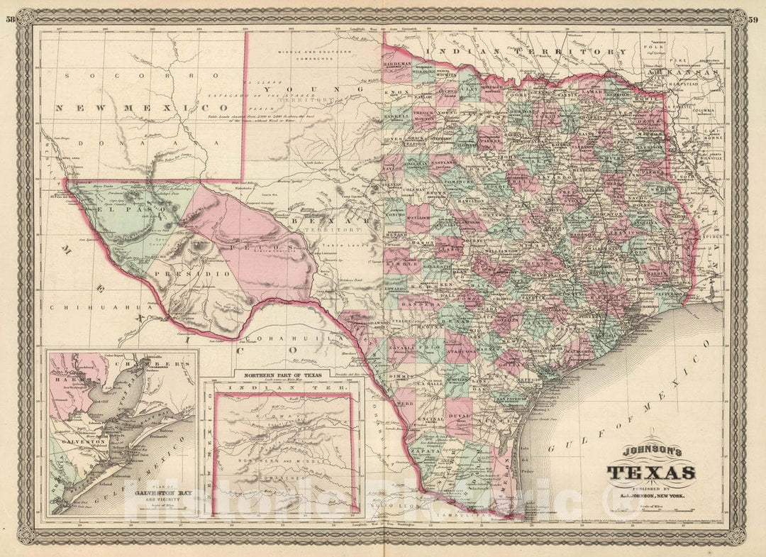 Historic Map : Johnson's Texas. Published by A. J. Johnson, New York. 58. 59, 1874 Atlas - Vintage Wall Art