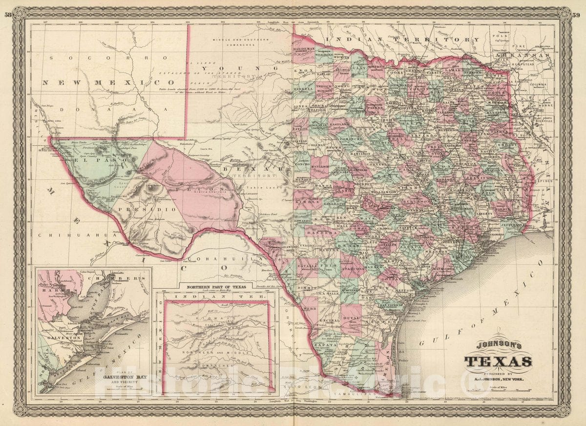 Historic Map : Johnson's Texas. Published by A. J. Johnson, New York. 58. 59, 1874 Atlas - Vintage Wall Art