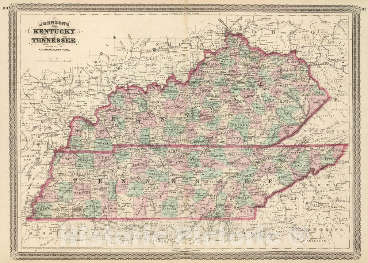 Historic Map : Johnson's Kentucky and Tennessee. Published by A. J. Johnson, New York. 60. 61, 1874 Atlas - Vintage Wall Art