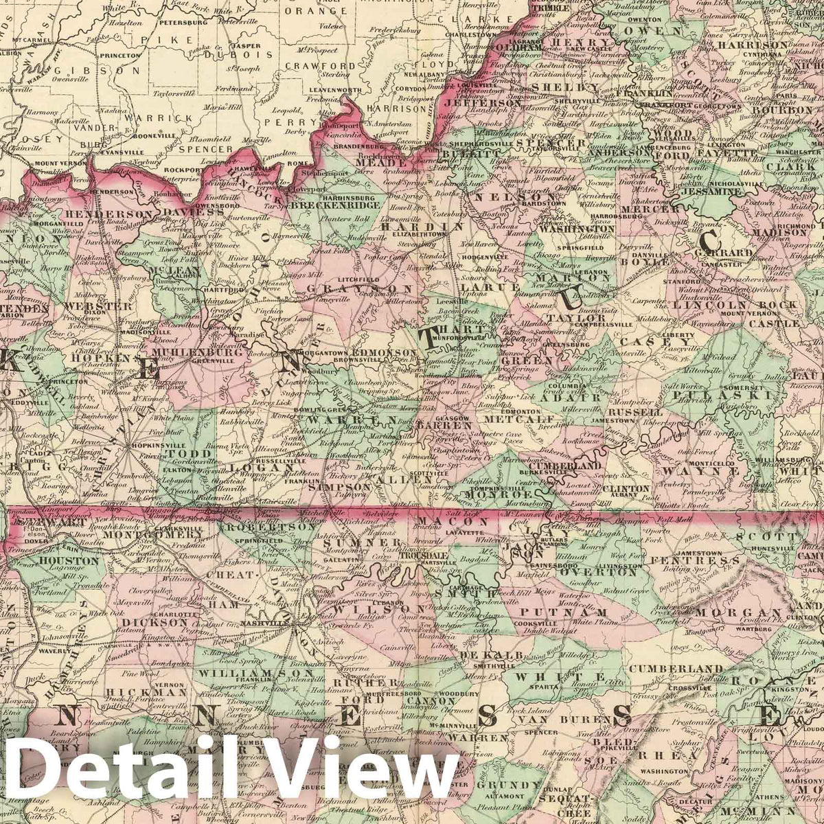 Kentucky and Tennessee - Railroad Map, 1874 - Historical Map Print