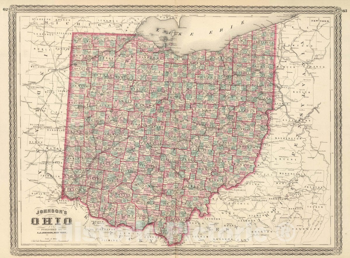 Historic Map : Johnson's Ohio. Published by A. J. Johnson, New York. 62. 63, 1874 Atlas - Vintage Wall Art