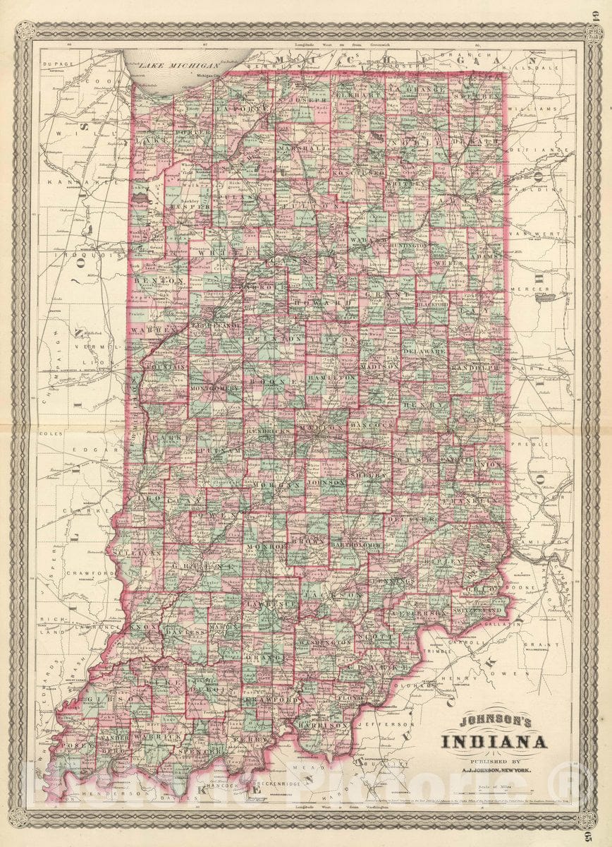 Historic Map : Johnson's Indiana. Published by A. J. Johnson, New York. 64. 65, 1874 Atlas - Vintage Wall Art