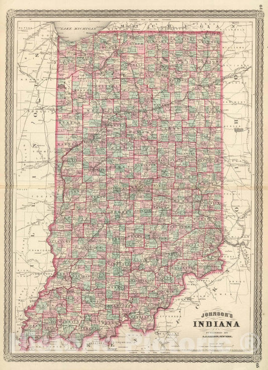 Historic Map : Johnson's Indiana. Published by A. J. Johnson, New York. 64. 65, 1874 Atlas - Vintage Wall Art