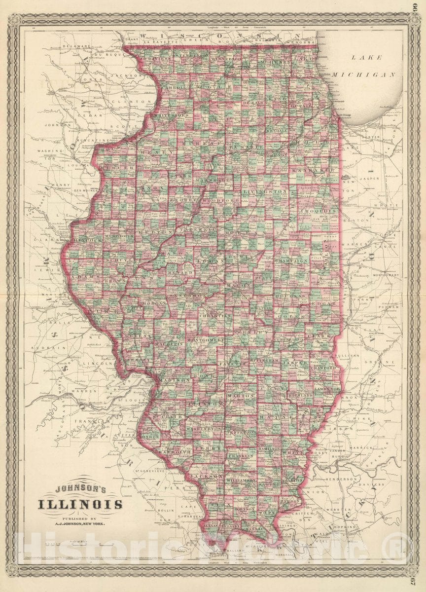 Historic Map : Johnson's Illinois. Published by A. J. Johnson, New York. 66. 67, 1874 Atlas - Vintage Wall Art