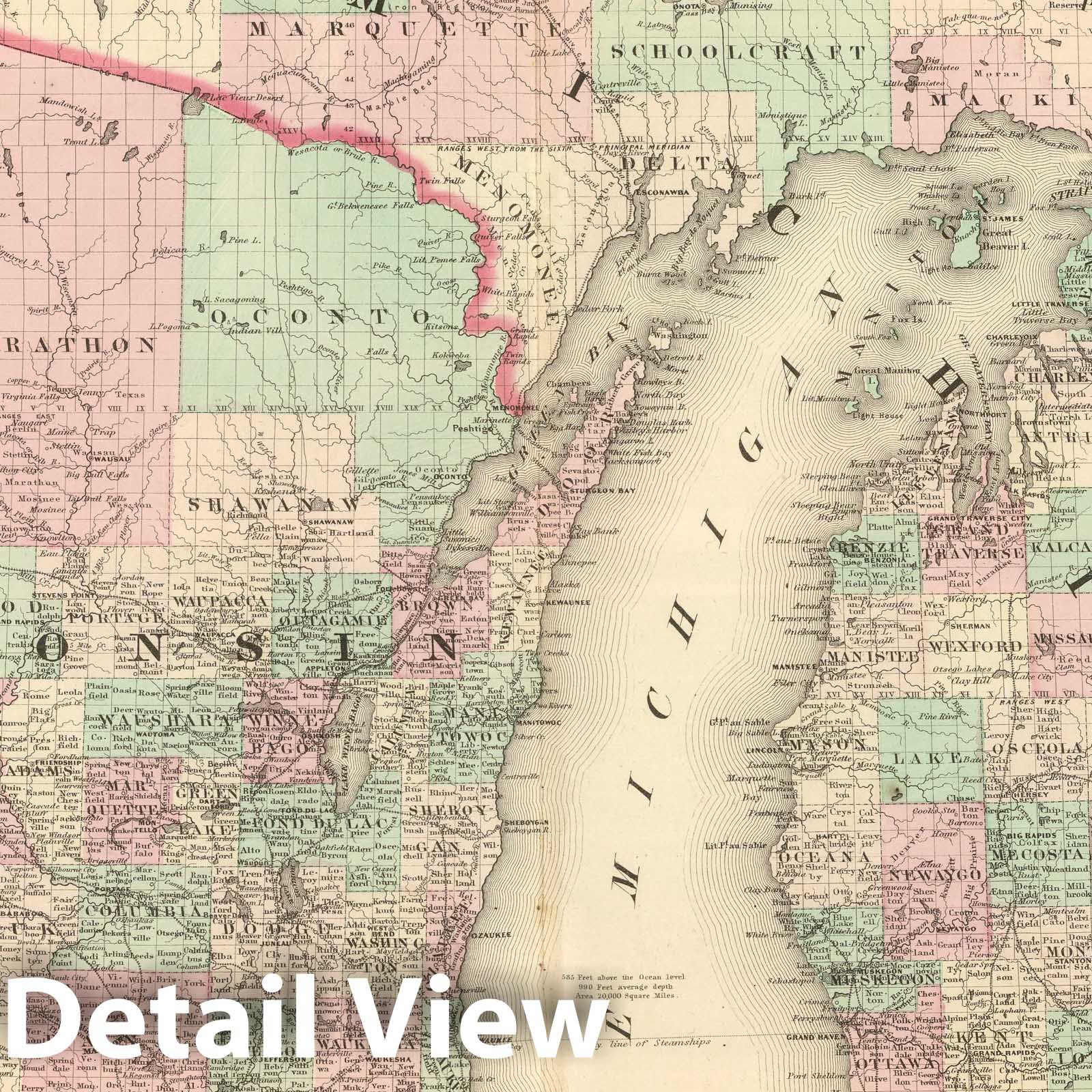 Wisconsin and Michigan - Railroad Map, 1874 - Historical Map Print