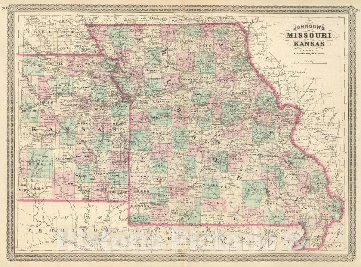 Historic Map : Johnson's Missouri and Kansas. Published by A. J. Johnson, New York. 70. 71, 1874 Atlas - Vintage Wall Art