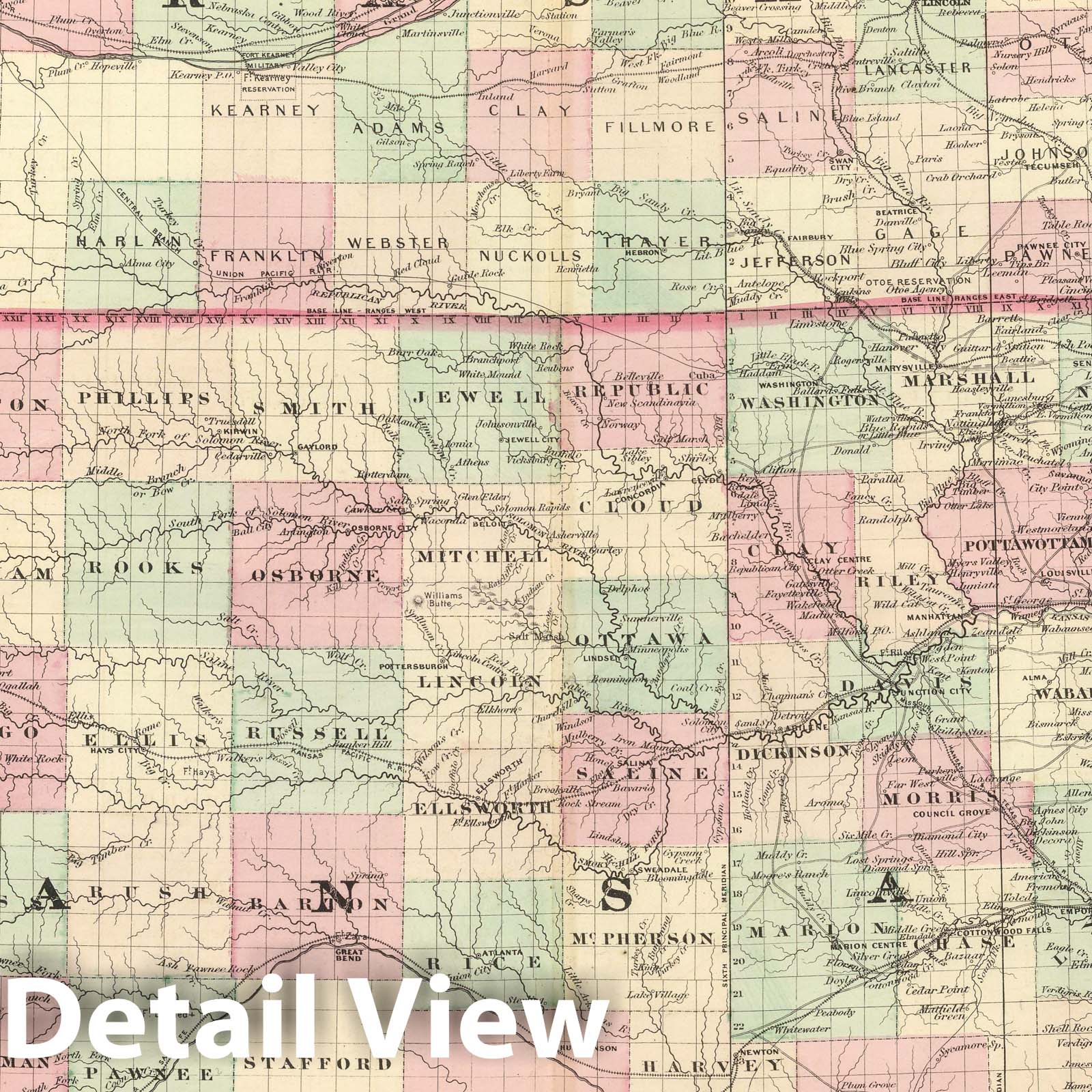 Kansas and Nebraska - Railroad Map, 1874 - Historical Map Print