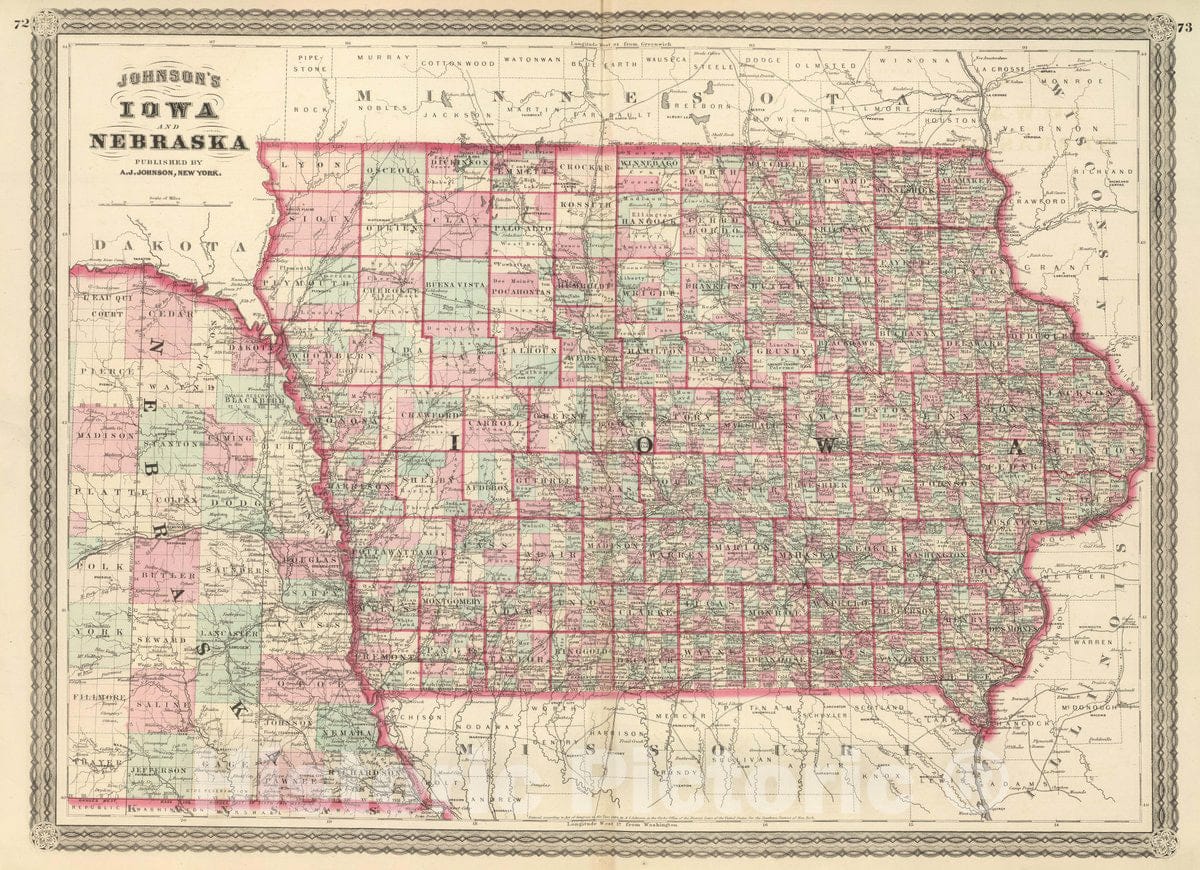 Historic Map : Johnson's Iowa and Nebraska. Published by A. J. Johnson, New York. 72. 73, 1874 Atlas - Vintage Wall Art