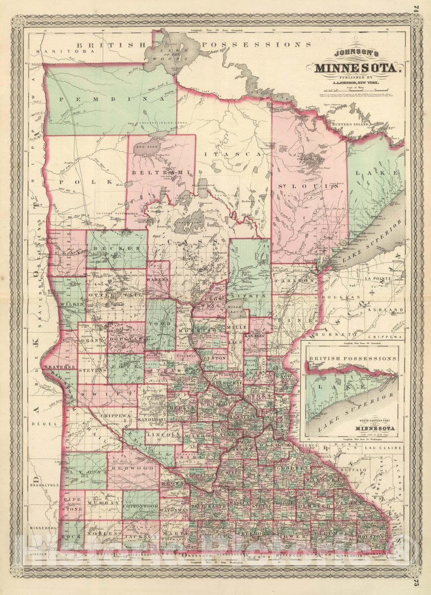 Historic Map : Johnson's Minnesota. Published by A. J. Johnson, New York. 74. 75, 1874 Atlas - Vintage Wall Art