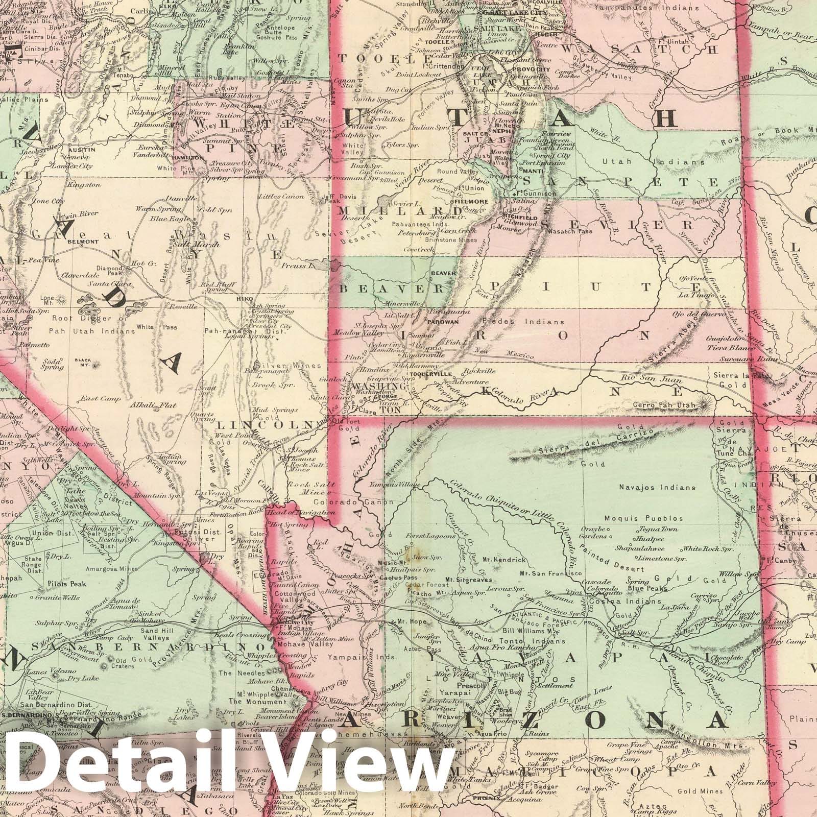 California, Utah, Nevada, Colorado, New Mexico, and Arizona - Railroad Map, 1874