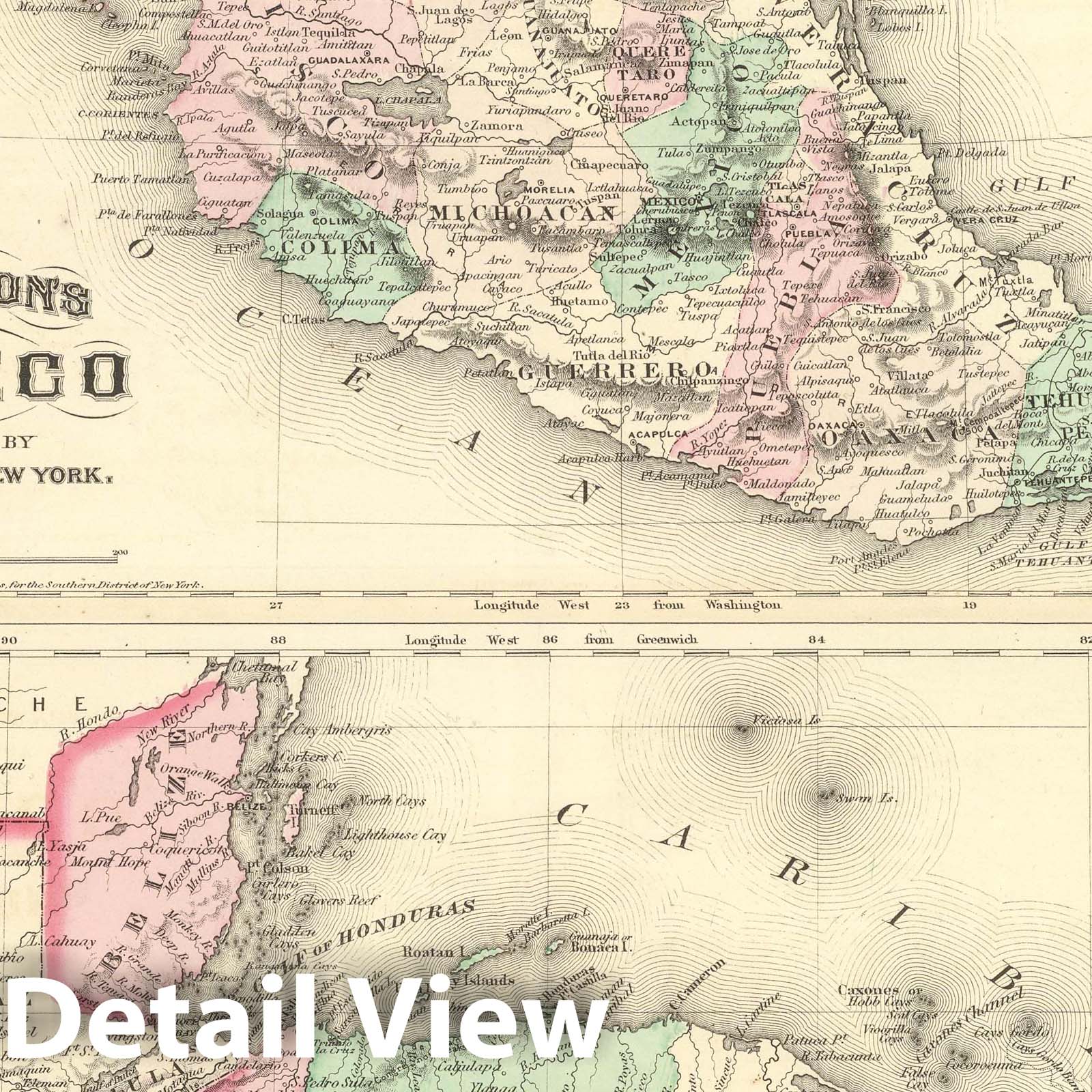 Mexico and Central America - Railroad Map, 1874 - Historical Map Print