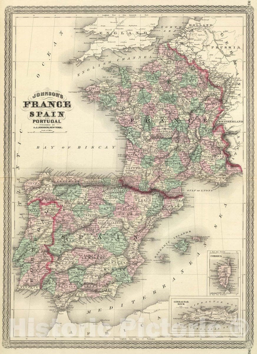 Historic Map : Johnson's France, Spain, and Portugal. Published by A. J. Johnson, New York. 93. 94, 1874 Atlas - Vintage Wall Art