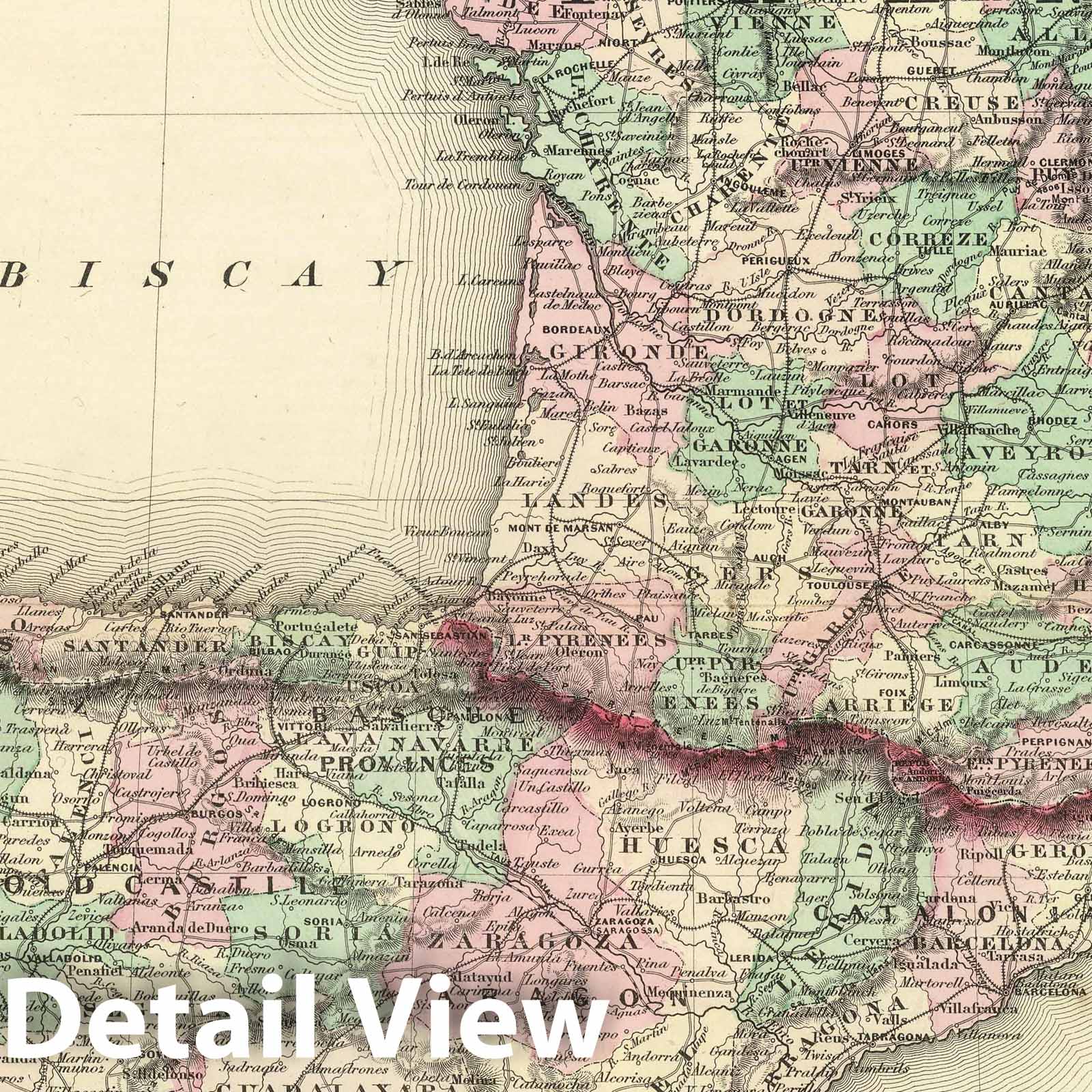 France, Spain, and Portugal - Railroad Map, 1874 - Historical Map Print