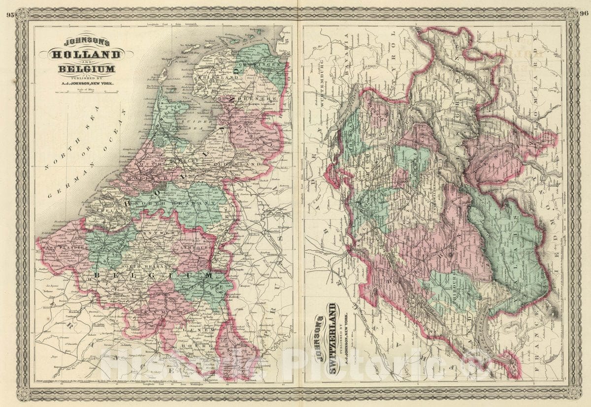 Historic Map : Holland, Belgium, and Switzerland, 1874 Atlas - Vintage Wall Art