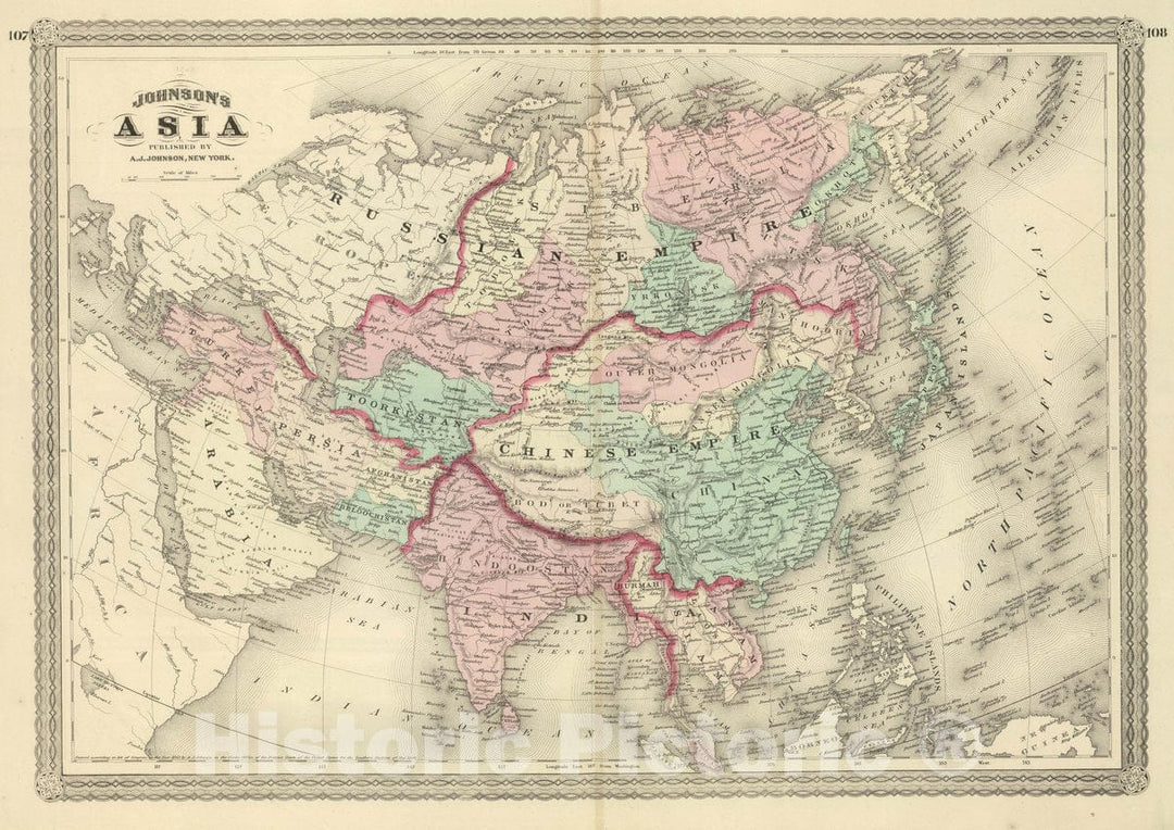 Historic Map : Johnson's Asia. Published by A. J. Johnson, New York. 107. 108, 1874 Atlas - Vintage Wall Art
