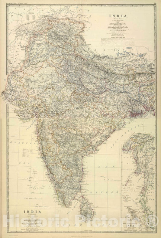 Historic Map : 1879 World - India. (with) South-Eastern Provinces of India, (Hindu-Chinese Countries of further India). By Keith Johnston - Vintage Wall Art