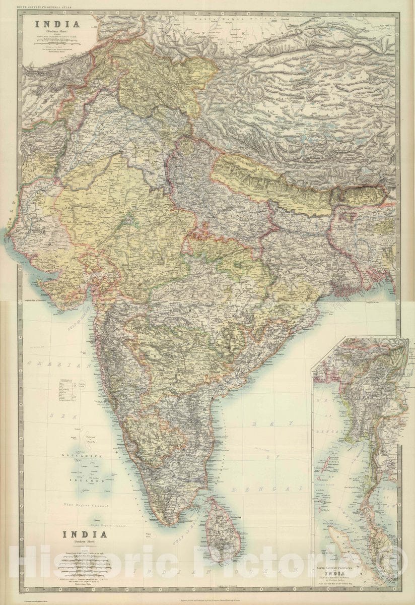 Historic Map : 1911 World - (Composite of) India. (with) South-Eastern Provinces of India, (Hindu-Chinese Countries of further India). Keith Johnston's General May 11. Eng