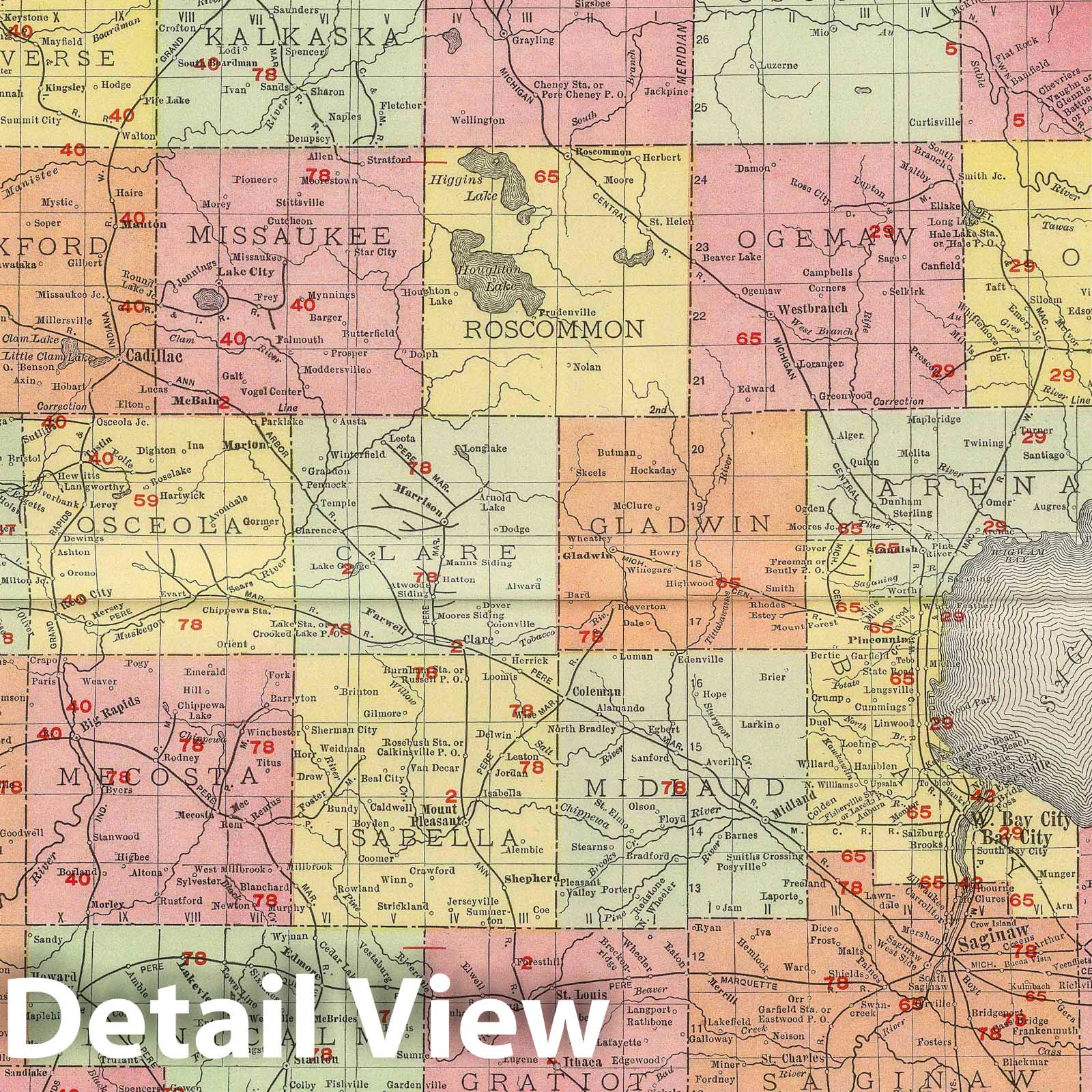 Michigan, Southern Peninsula - Railroad Map, 1903 - Rand McNally Atlas Print