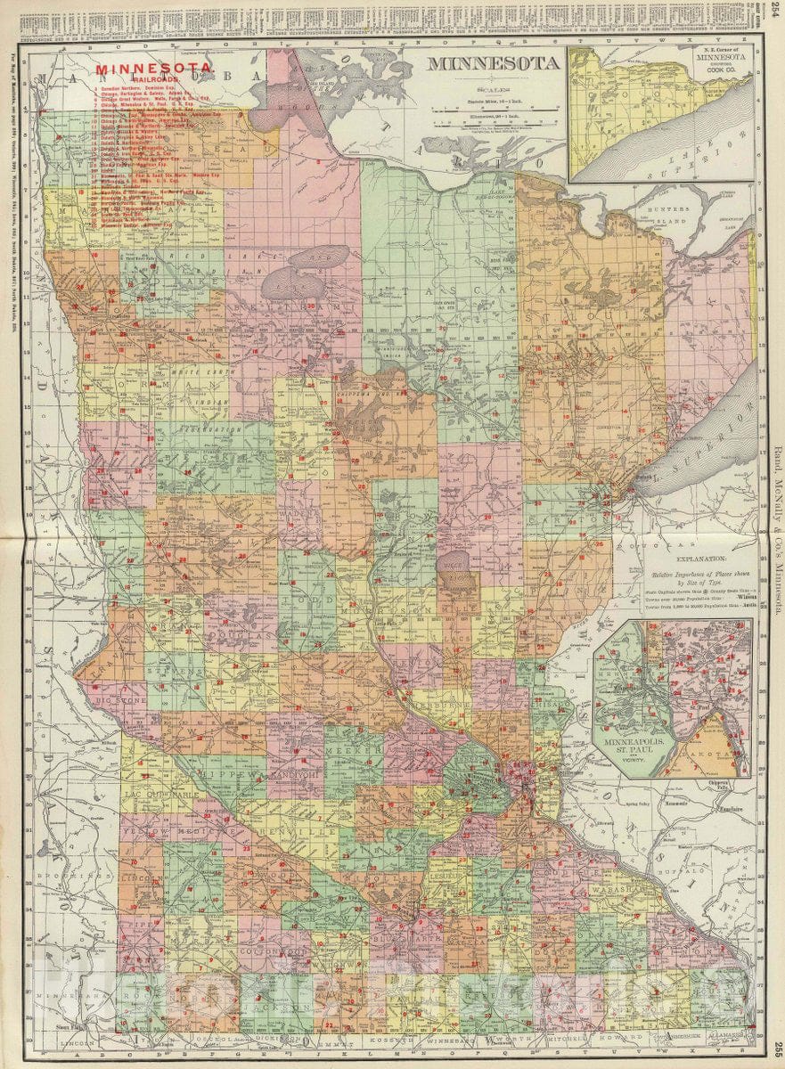 Historic Map : Rand, McNally & Co.'s Minnesota. (with) Minneapolis, St. Paul and Vicinity, 1903 Atlas - Vintage Wall Art