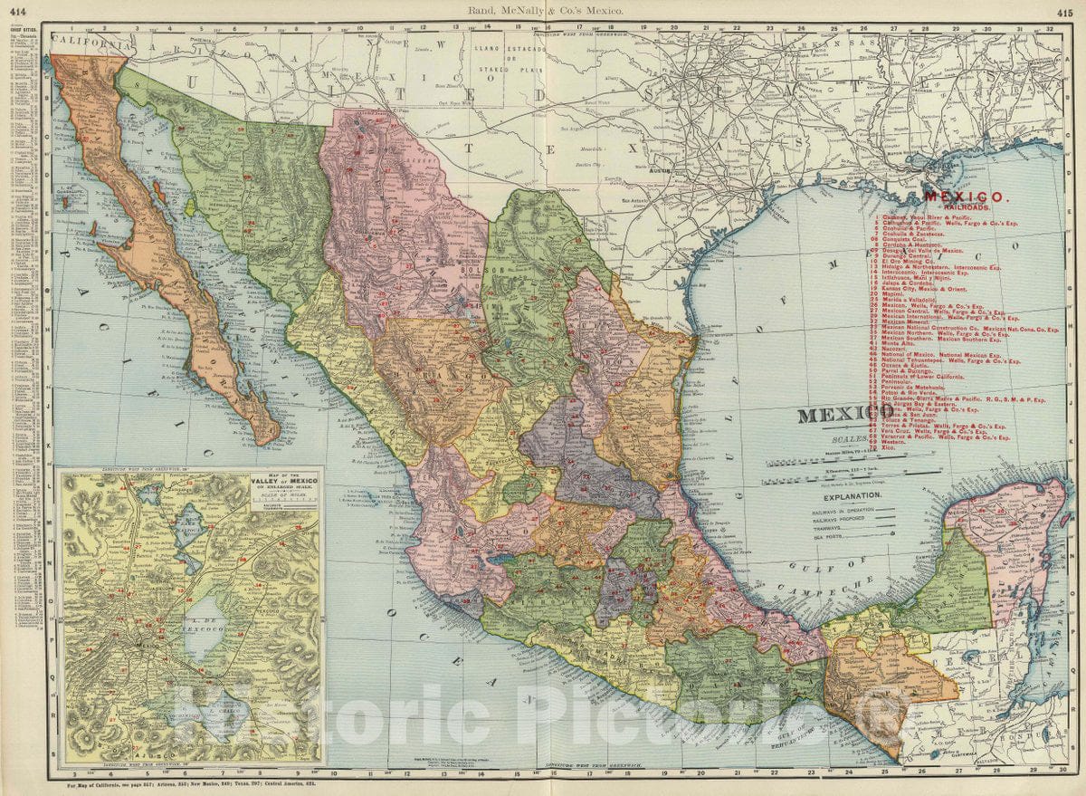 Historic Map : Rand, McNally & Co.'s Mexico. (with) Map of The Valley of Mexico on an Enlarged Scale of, 1903 Atlas - Vintage Wall Art