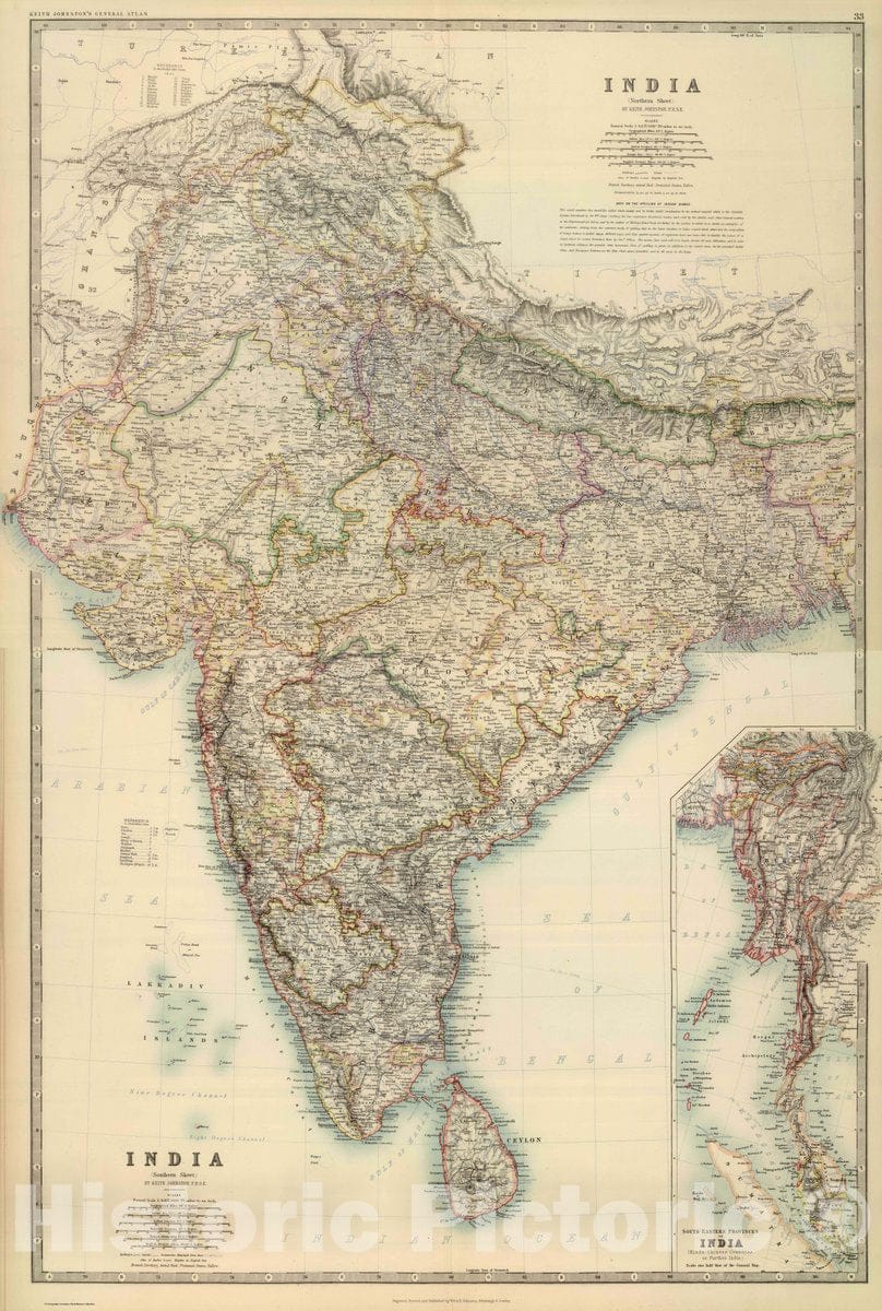 Historic Map : 1893 World - India. South-Eastern Provinces of India, (Hindu-Chinese Countries of further India). By Keith Johnston - Vintage Wall Art