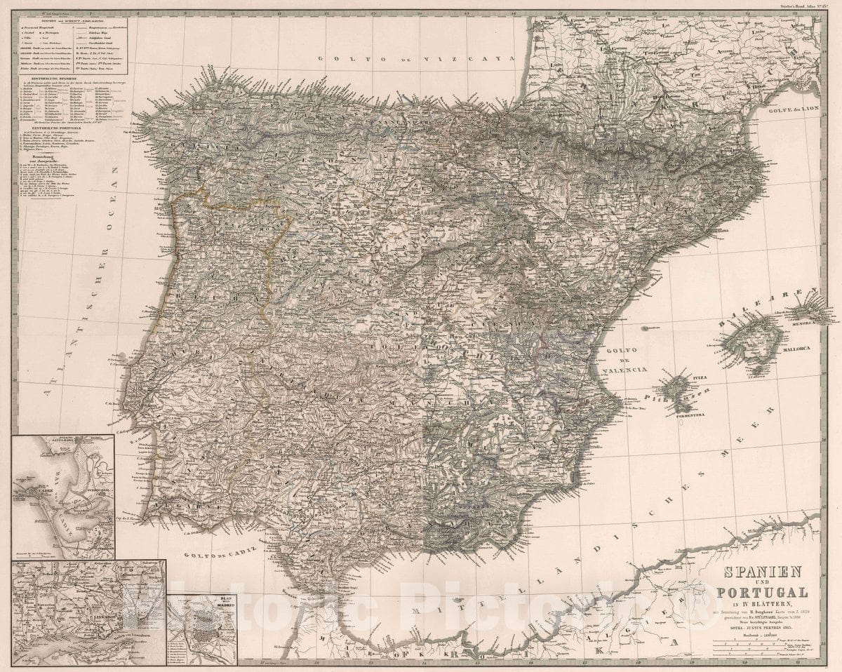 Historic Map : Spain; Portugal, Iberian Peninsula Composite: Spanien und Portugal in IV Blattern. (Spain and Portugal), 1865 Atlas , Vintage Wall Art