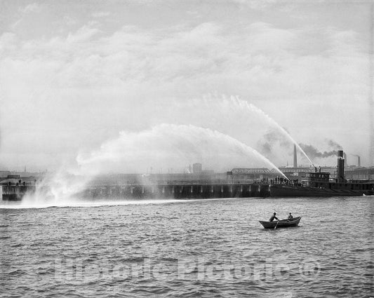 Boston Historic Black & White Photo, Fireboat in Action on the Harbor, c1906 -