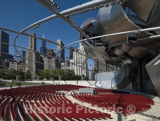 Chicago, IL Photo - Jay Pritzker Pavillion by Frank Gehry in Grant Park, with Michigan Avenue Buildings in The Scene, Chicago, Illinois
