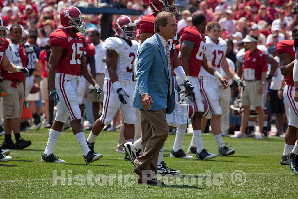 Photo - A-Day Game Football Scrimmage for University of Alabama, with Coach Nick Saban Analyzing Every Move. Tuscaloosa, Alabama- Fine Art Photo Reporduction