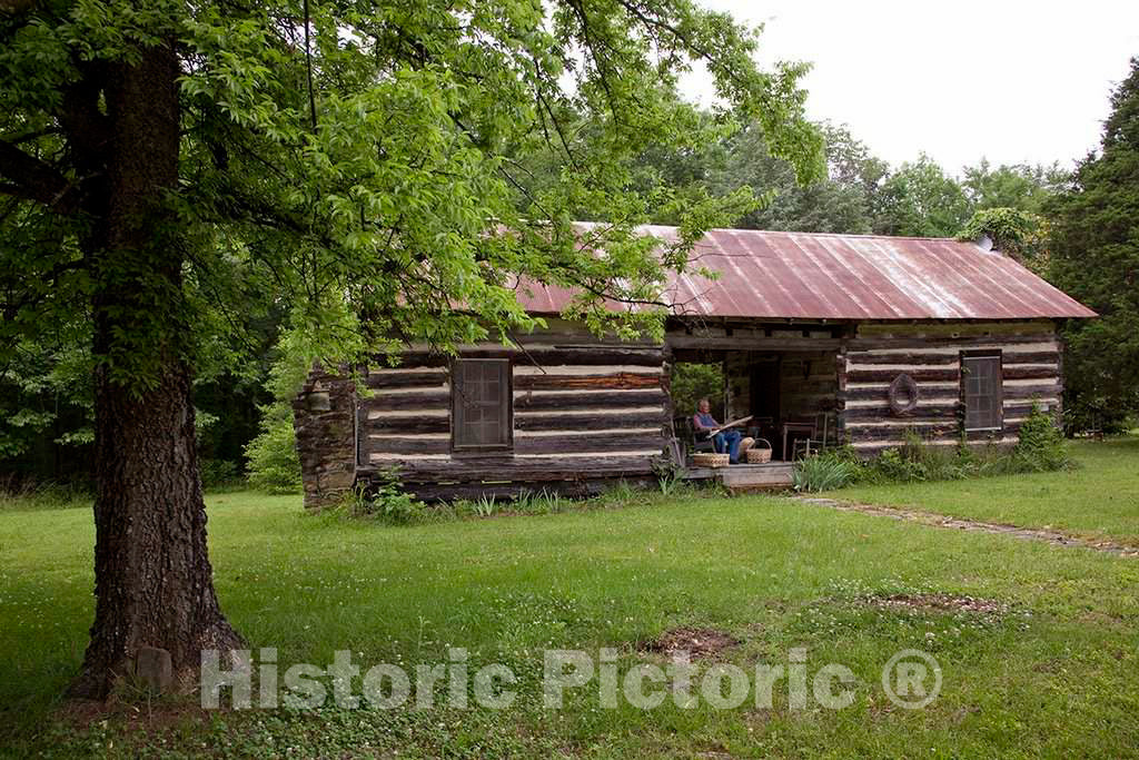 Photo - John Herbert Weaves Baskets in a dogtrot Log Cabin, Cherokee, Alabama- Fine Art Photo Reporduction