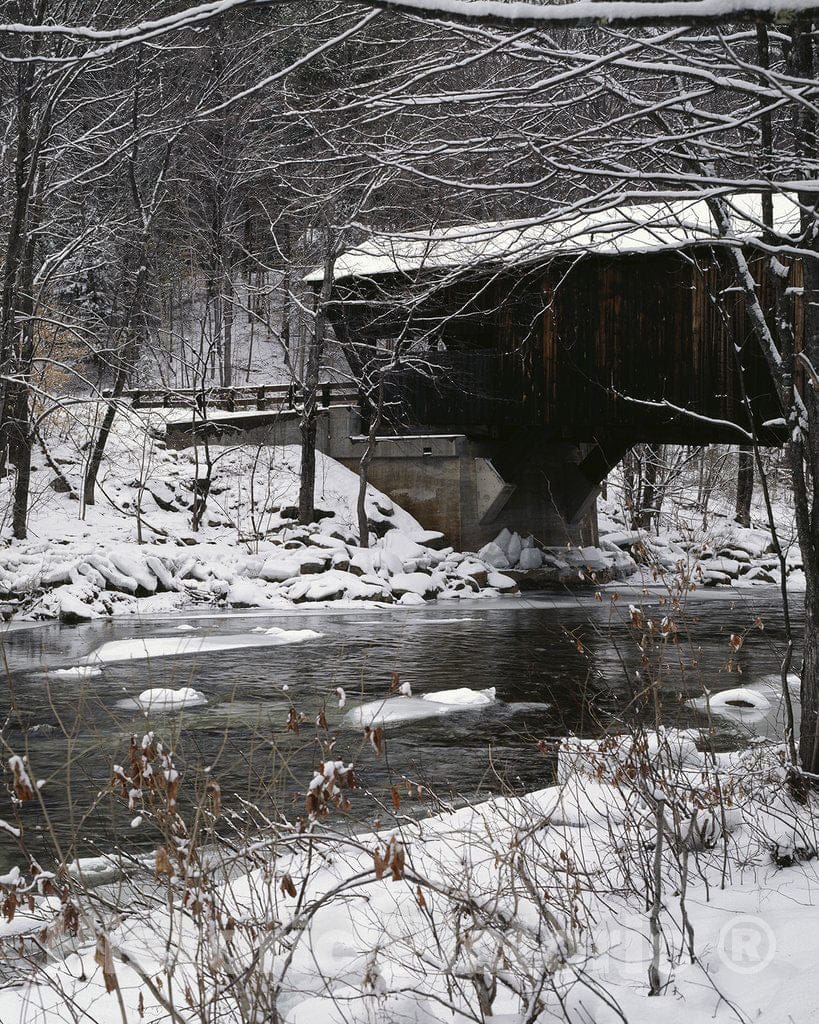Vermont Photo - Snow-Topped Covered Bridge in Vermont