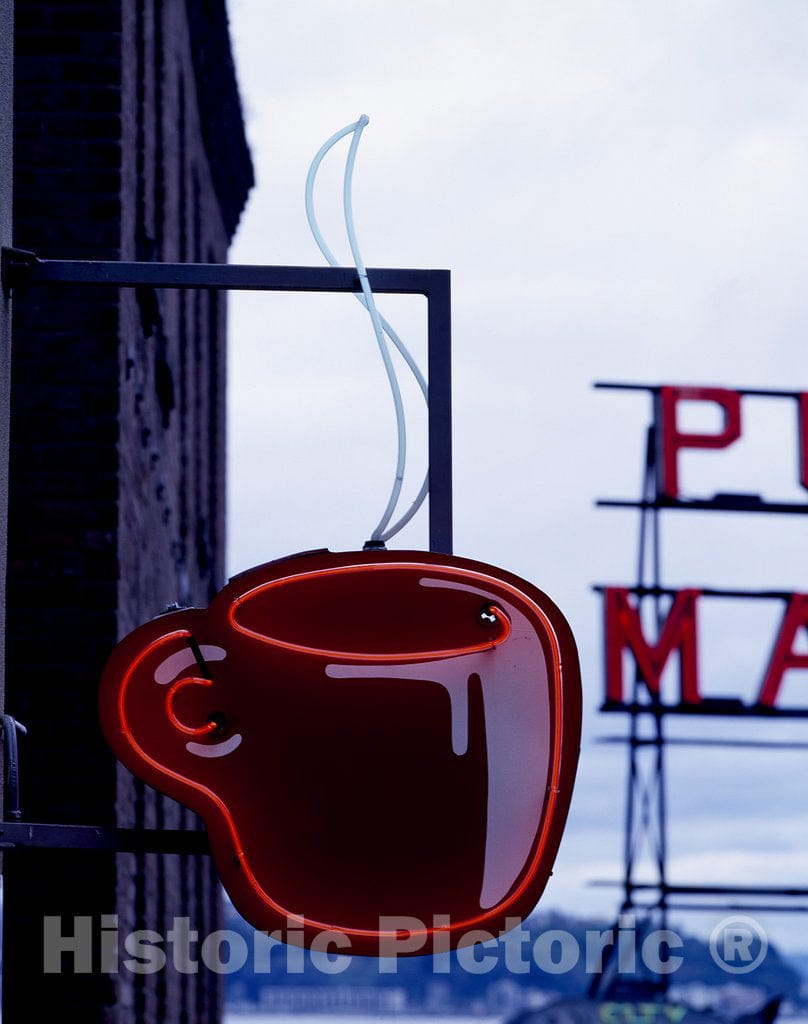 Seattle, WA Photo - Pike Place Market, Coffee Cup Detail on Sign. Seattle, WA