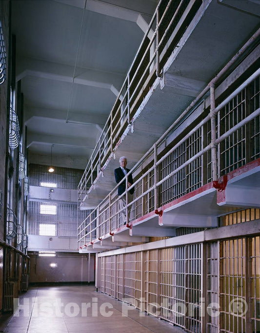 Photo - Former Prison Guard Standing on Balcony, Inside Alcatraz Penitentiary, San Francisco, California- Fine Art Photo Reporduction