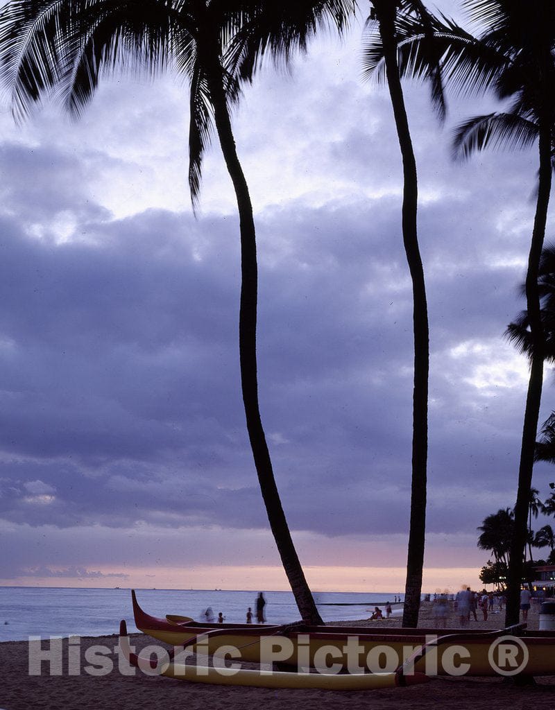 Honolulu, HI Photo - Boat and Palm Tree Outline at a Hawaiian Beach