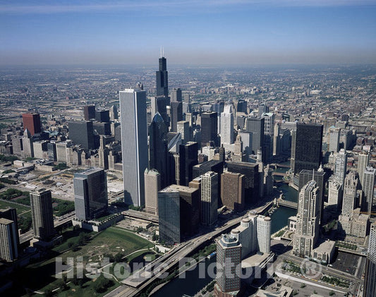 Chicago, IL Photo - Aerial View of Chicago, Illinois. The Black Skyscraper is Willis Tower, previously Known as Sears Tower, a Chicago Landmark