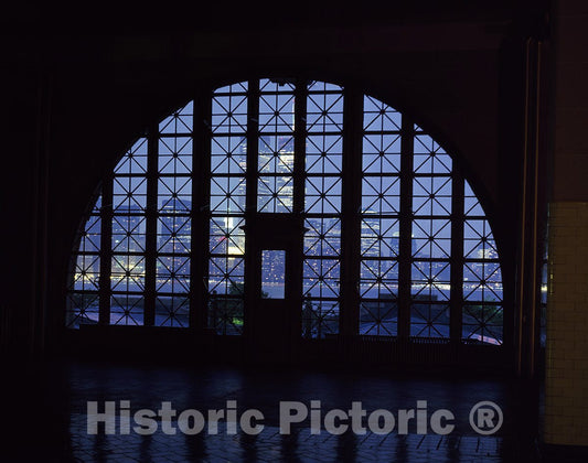 Jersey City, NJ Photo - View of World Trade Center Towers and The Lower Manhattan Skyline Through Registry Room Window at Dusk. Ellis Island, Jersey City, New Jersey-