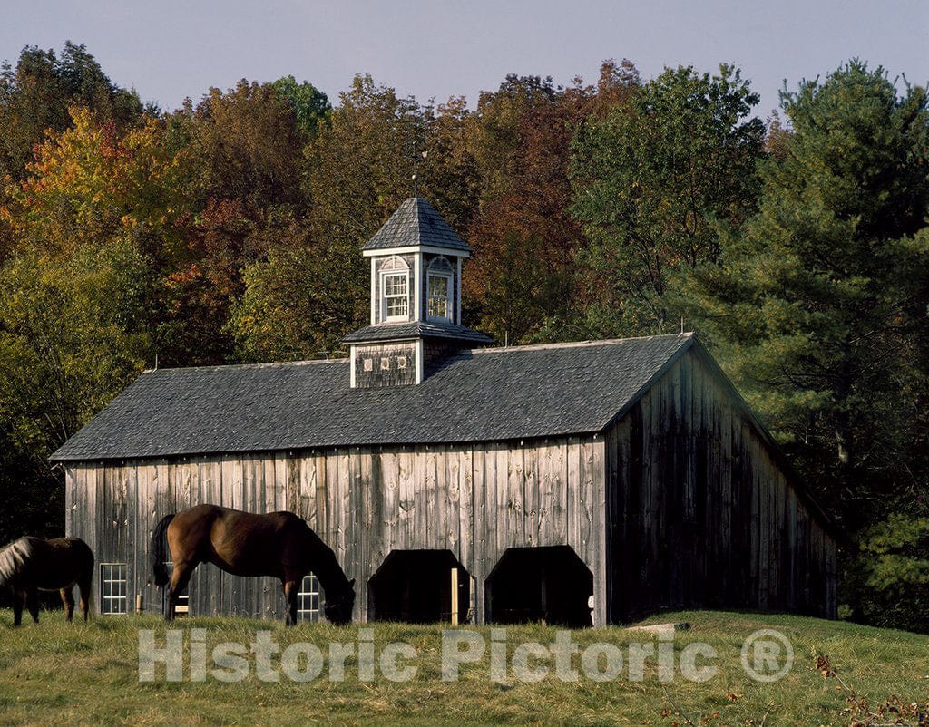 New England Photo - Horse-Farm barn with a Decorative as Well as Functional Cupola in Rural New England