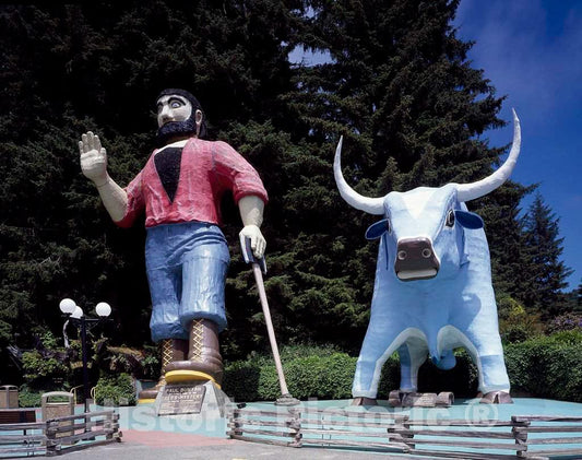 Photo - Statues of The Legendary Lumberjack Paul Bunyan and his Faithful Blue ox Babe, Klamath, California- Fine Art Photo Reporduction