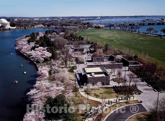 Photo - Aerial View of The Franklin Delano Roosevelt Memorial, Foreground, and The Thomas Jefferson Memorial, top Right, at Spring Cherry Blossom time, Washington, D.C.