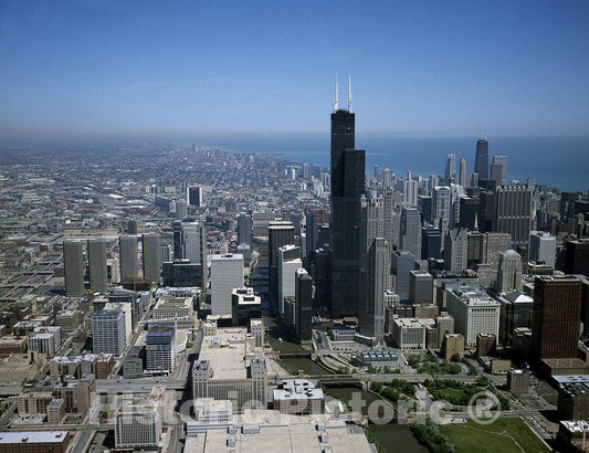 Chicago, IL Photo - Aerial View of Chicago, Illinois Featuring Willis Tower, Known as Sears Tower When This Photo was Taken in The 1990s