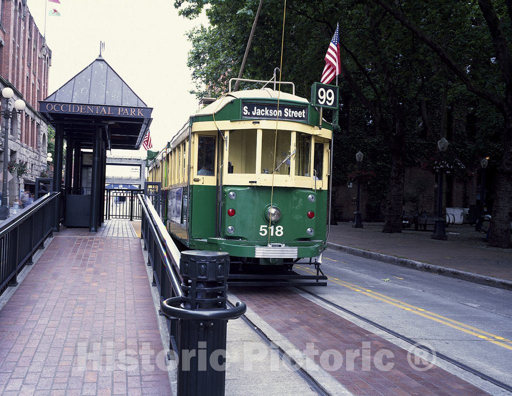 Seattle, WA Photo - Waterfront-Route Streetcar Stops at Occidental Park Off Pioneer Square, Seattle, Washington