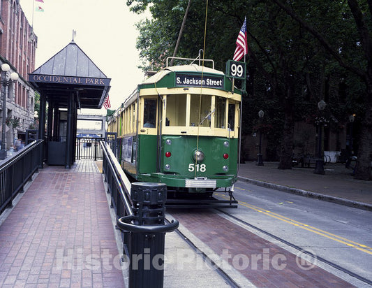 Seattle, WA Photo - Waterfront-Route Streetcar Stops at Occidental Park Off Pioneer Square, Seattle, Washington
