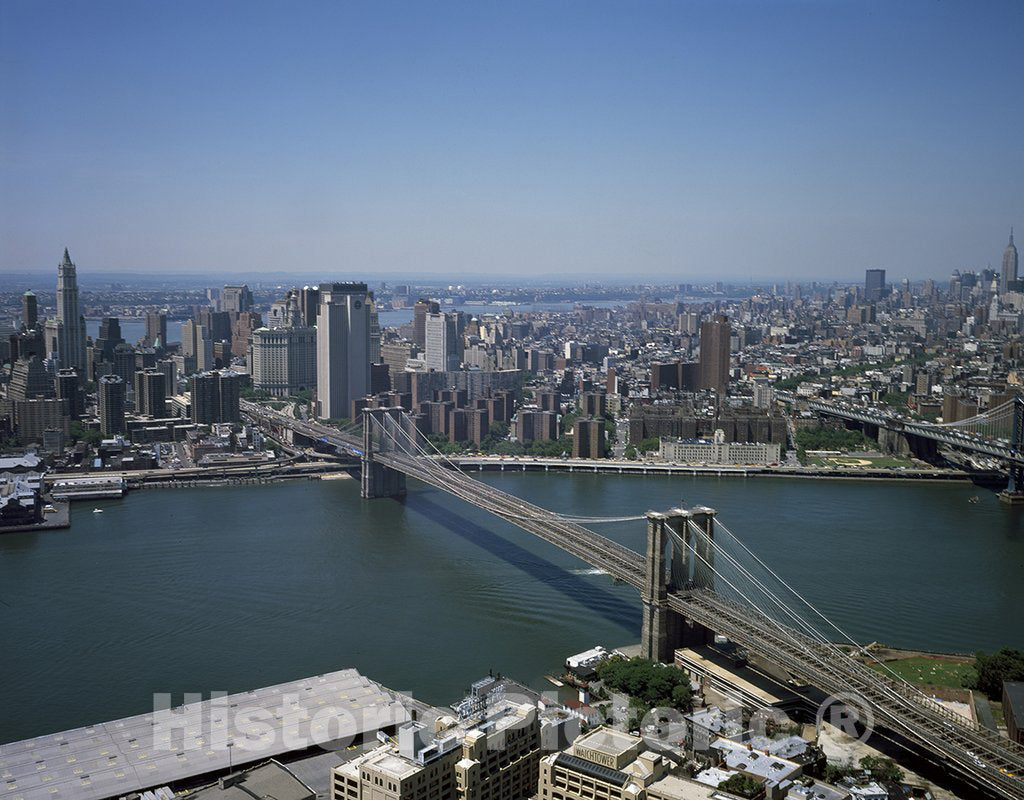 New York, NY Photo - Aerial View of New York, NY, with a Focus on The Brooklyn Bridge, Looking Toward Manhattan. to The Right, in The Distance, is The Empire State Building