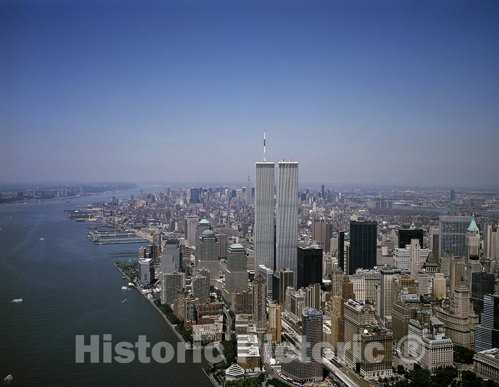 New York, NY Photo - Aerial View of New York City, with a Focus on The Twin Towers of The World Trade Center, New York