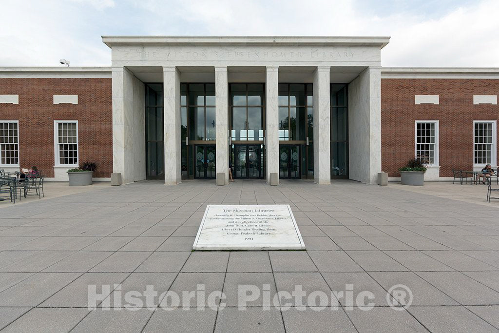 Photo- The Milton S. Eisenhower Library, part of the Johns Hopkins Sheridan Libraries, is the principal research library and the largest in a network of libraries at Johns Hopkins