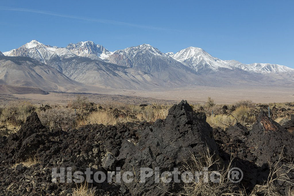 California Photo - Lava Rock Formation with Mountains in Distance Along U.S. Highway 395, North of Independence, California, in The Broad Owens Valley west of Death Valley