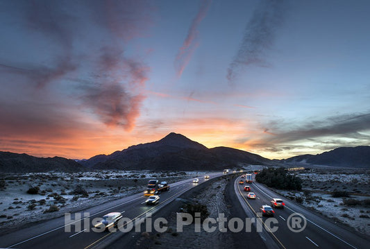 San Bernardino County, CA Photo - Sunset over the Soda Mountains and the Barstow Freeway (Interstate Highway 15) east of Baker, California