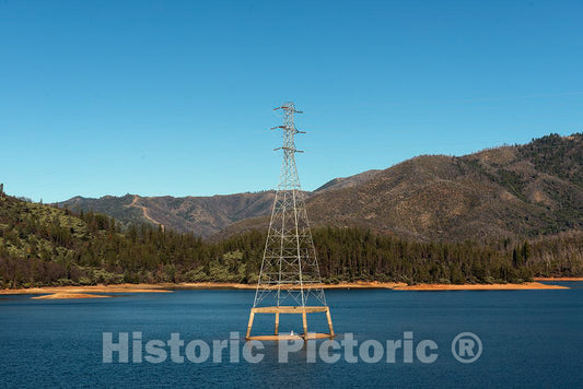 Photo - An electrical transmission tower amid Whiskeytown Lake in Whiskeytown National Recreation Area, northwest of Redding, California- Fine Art Photo Reporduction