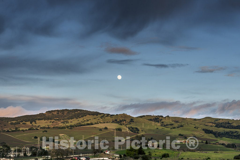 California Photo - The Moon Makes an Appearance as Dusk approaches Over a Verdant Hillside in Napa Valley, California