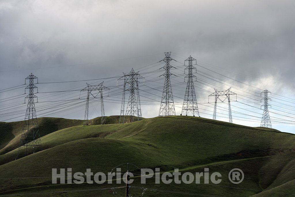 California Photo - Lush green hills frame rows of power lines west of Modesto in California's San Joaquin Valley
